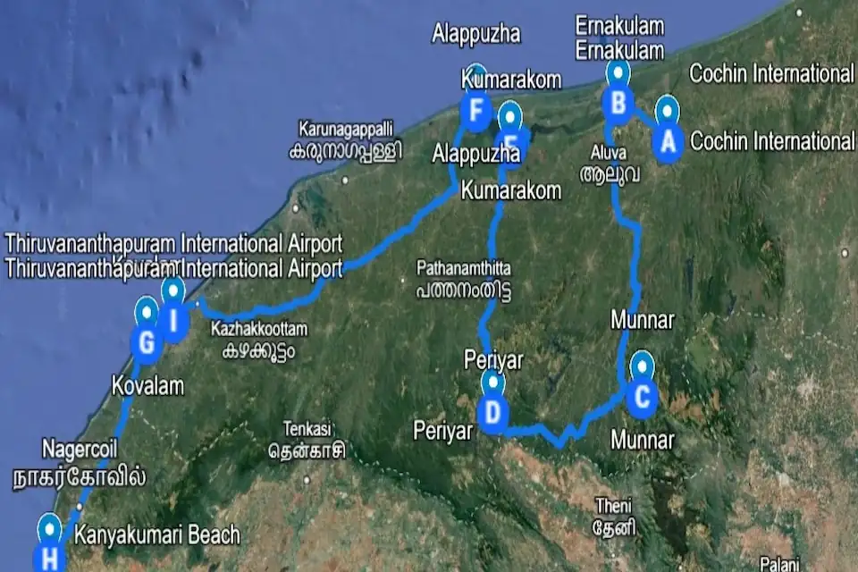 Kerala Grand Family Royal Escape showcasing a scenic Kerala travel route map covering beaches, backwaters, hill stations, and heritage destinations for a luxury family holiday