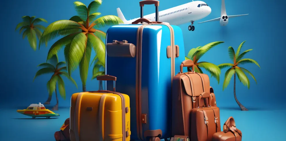 Kerala 4 Days Tour Package showcasing travel bags, palm trees, and an airplane symbolizing a short Kerala holiday itinerary