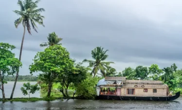 Kerala backwater tour package showcasing a traditional houseboat cruising through serene palm-lined backwaters of Kerala