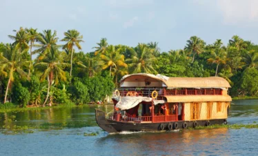 Serene Kerala 4 Star Family Holiday Package featuring a comfortable houseboat cruise through Keralaโs calm backwaters surrounded by coconut palms and lush greenery.