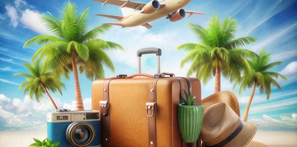 Serene Kerala 4-star family holiday package theme with travel bags, camera, tropical beach, palm trees, and airplane