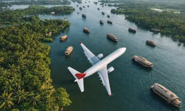 2 day Kerala houseboat package – aerial view of Alleppey backwaters with houseboats and arrival by air