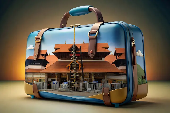 guruvayur tour package from cochin illustrated travel suitcase featuring Guruvayur Temple and pilgrimage route theme