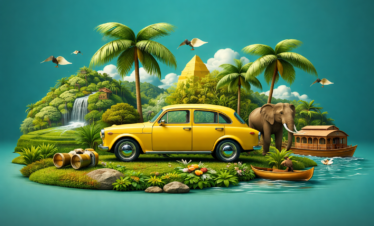 Kerala 5 days tour package illustrated with a scenic journey through Munnar tea hills, Thekkady wildlife, and Alleppey backwaters using a creative travel concept