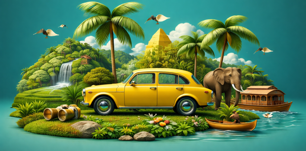 Kerala 5 days tour package illustrated with a scenic journey through Munnar tea hills, Thekkady wildlife, and Alleppey backwaters using a creative travel concept