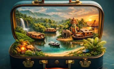 Kerala 6 days tour package visual showing backwaters, houseboats, waterfalls, wildlife and traditional Kerala landscapes