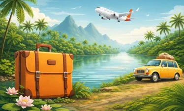 Kerala Backwater Tour illustration showing palm-lined waterways, scenic landscapes, and relaxed travel vibes