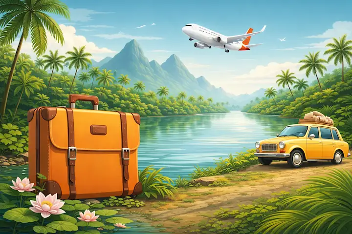 Kerala Backwater Tour illustration showing palm-lined waterways, scenic landscapes, and relaxed travel vibes