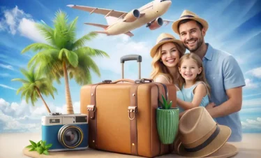 Kerala family tour 6 days showing a happy family with luggage at a tropical beach, symbolizing a relaxed holiday across Munnar, Thekkady, Alleppey houseboat, and Cochin.