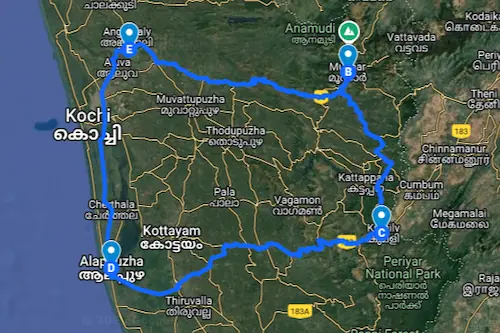 Kerala family tour 6 days route map showing the travel path covering Munnar, Thekkady, Alleppey houseboat, and Cochin.
