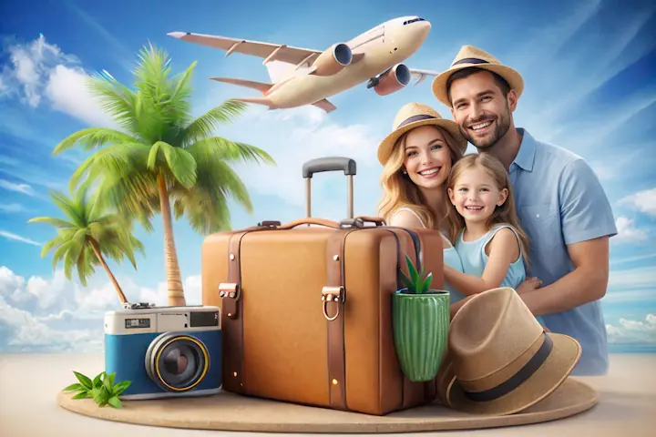 Kerala family tour 6 days showing a happy family with luggage at a tropical beach, symbolizing a relaxed holiday across Munnar, Thekkady, Alleppey houseboat, and Cochin.