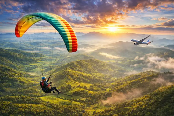 Kerala Hill Station Tour Package featuring paragliding over Vagamon hills with scenic valleys and green landscapes