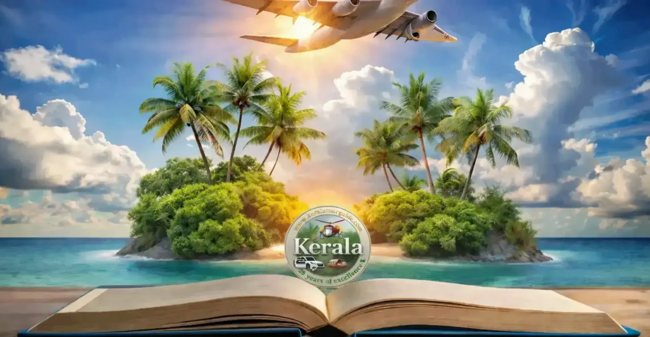Kerala tour packages banner with tropical island, airplane, and sunset travel scene