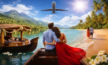 Kerala luxury honeymoon package with a romantic couple enjoying a private houseboat, tropical beach, and scenic backwaters surrounded by palm trees and hills