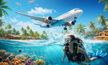 Kerala tour package from Trivandrum showing a beach arrival, airplane landing, and scuba diving experience