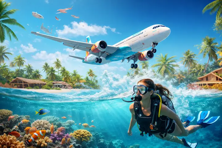 Kerala tour package from Trivandrum showing a beach arrival, airplane landing, and scuba diving experience