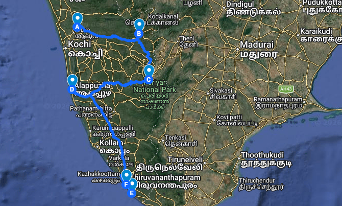 Kerala 9 Days Tour Package route map showing Kochi Munnar Thekkady Kumarakom Alleppey and Kovalam travel path