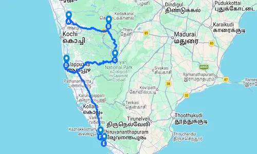 Kerala group tour package 7 days route map covering Munnar Thekkady Alleppey Kovalam
