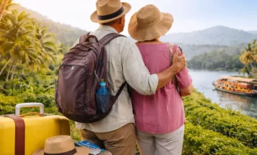 Kerala senior citizen tour package 6 days showing elderly couple enjoying a relaxed scenic view of backwaters and hills in Kerala