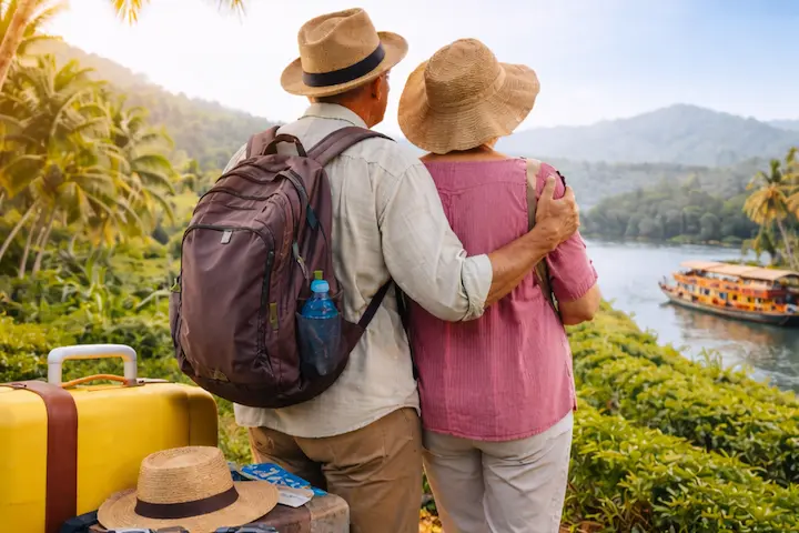 Kerala senior citizen tour package 6 days showing elderly couple enjoying a relaxed scenic view of backwaters and hills in Kerala