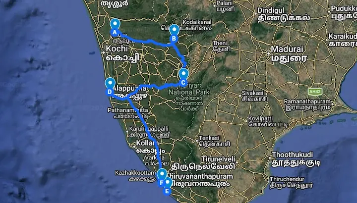 Kerala 8 Days Tour Package route map showing Kochi Munnar Thekkady Alleppey and Kovalam travel route