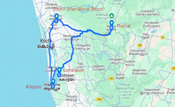 Kerala Luxury Tour Package 7 Days route map covering Cochin, Munnar, Kumarakom and Alleppey