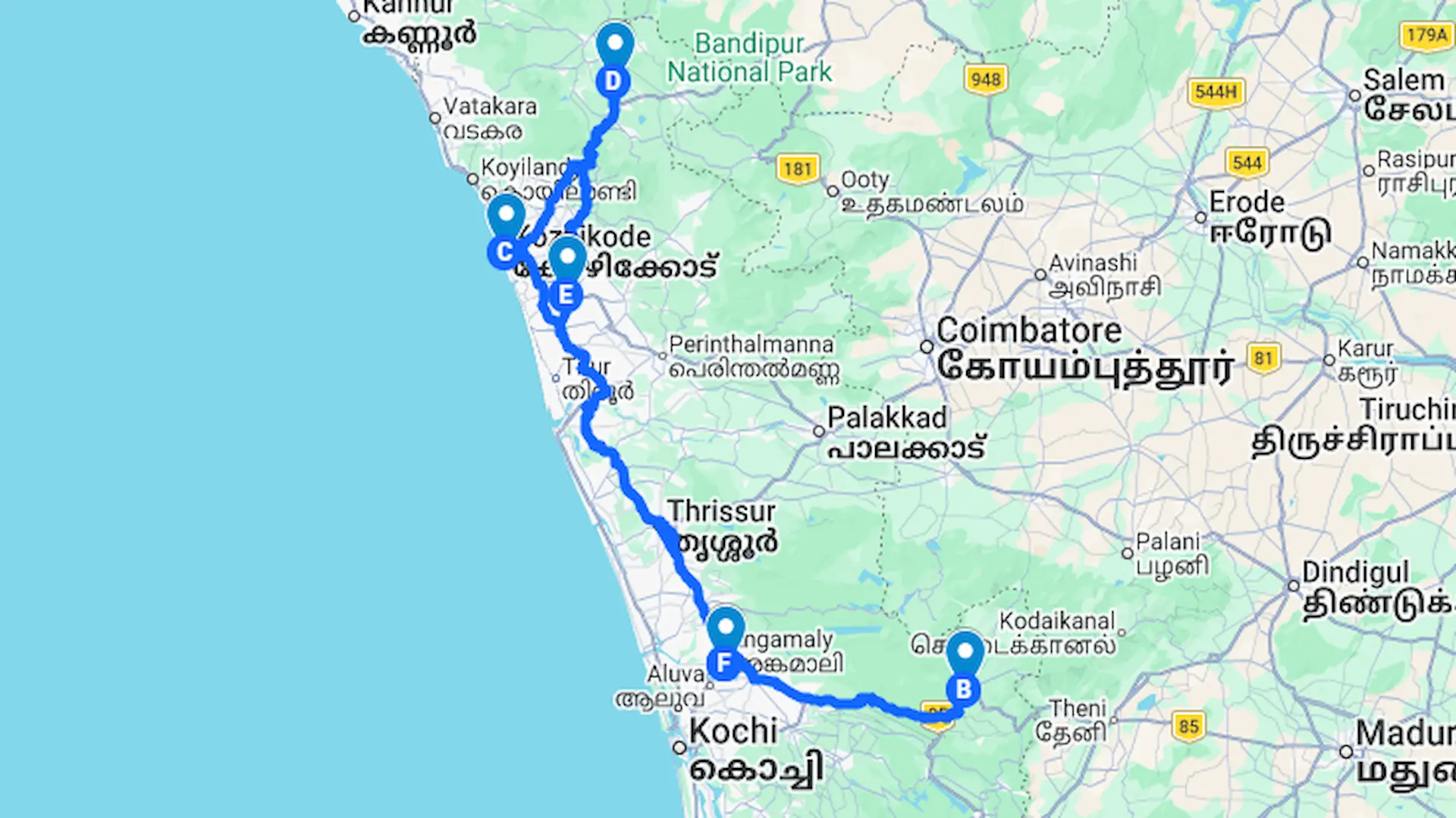 Kerala 6 days tour package Munnar Wayanad route map covering Cochin, Munnar, Calicut, and Wayanad travel itinerary