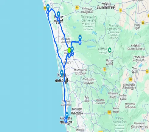 Kerala cultural tour package with Guruvayur temple route map showing Cochin Athirappilly Thrissur Guruvayur and Alleppey travel path