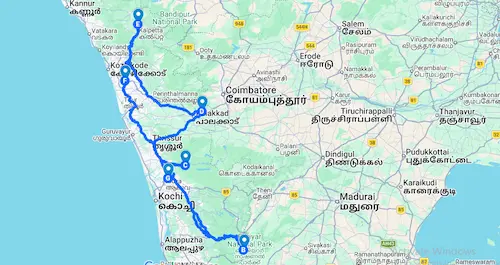Kerala Wildlife Tour Package 6 Days route map showing Thekkady Gavi Athirappally Malampuzha and Wayanad travel plan
